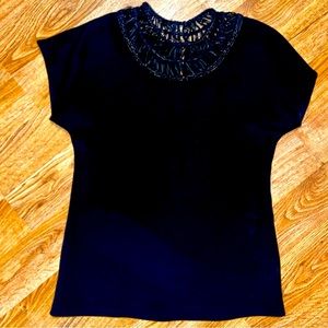 Ralph Lauren Black Label Leather Neck Short Sleeve Blouse Black Sz 4 Woman